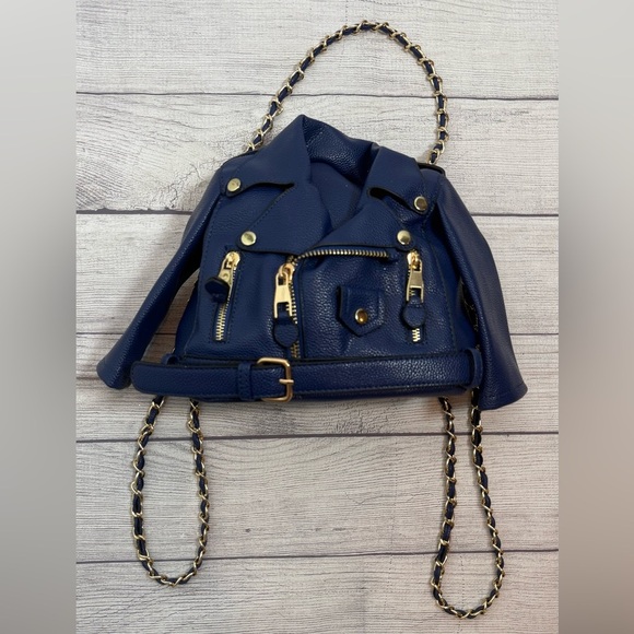 Blue Faux Leather Moto Jacket Style Backpack Purse Gold Chain Convertible Bag main image 5